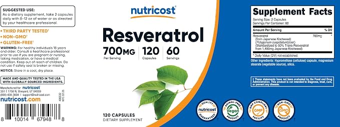 Nutricost Resveratrol 700mg - 120 Capsules | نيوتريكوست ريسفيراترول 700 ملغ - 120 كبسولة