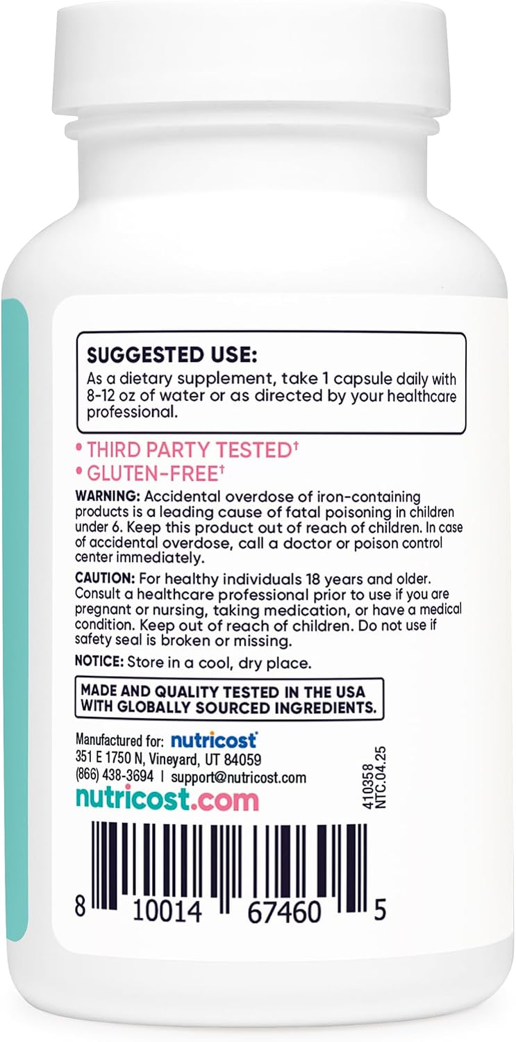 Nutricost Women Iron With Vitamin C Folate & Vitamin B12 - 180 Capsules | نيوتريكوست مكمب الحديد مع فيتامين سي للنساء - 180 كبسولة