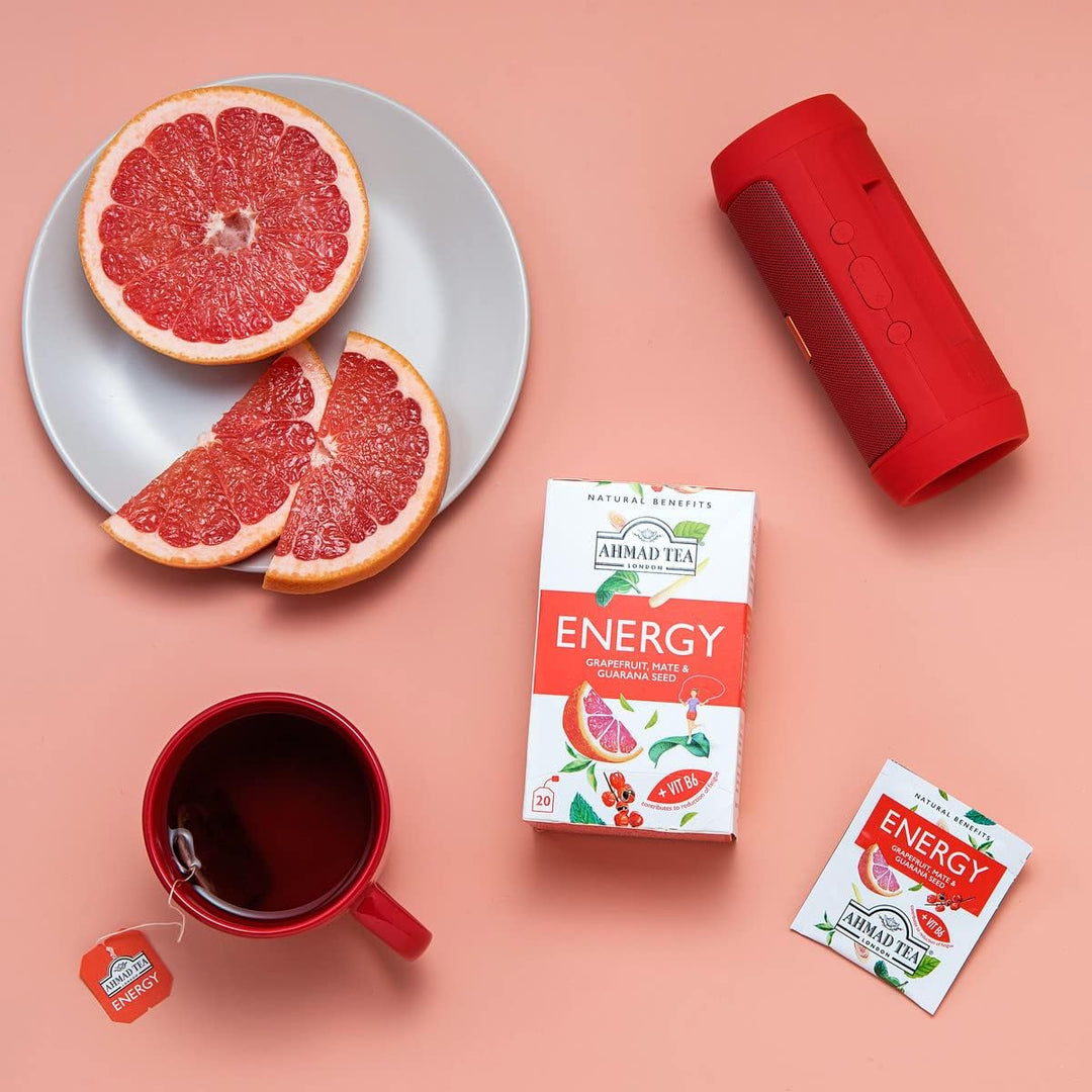 Ahmad Tea Energy Grapefruit Mate & Guarana Seed +Vita B6 20 Pcs - 30g | أحمد تي إنيرجي بالجريب فروت والماتيه وبذور الغوارانا مع فيتامين B6 – 20 كيس (30 غ)