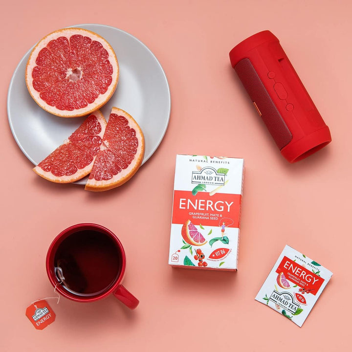 Ahmad Tea Energy Grapefruit Mate & Guarana Seed +Vita B6 20 Pcs - 30g | أحمد تي إنيرجي بالجريب فروت والماتيه وبذور الغوارانا مع فيتامين B6 – 20 كيس (30 غ)