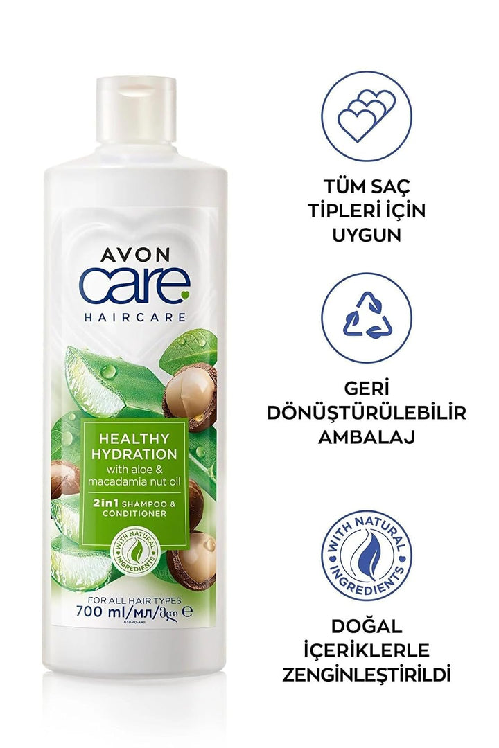Avon Care Healthy Hydration with Aloe & Macadamia Nut Oil 2in1 Shampoo & Conditioner - 700ml | افون شامبو وبلسم بخلاصة جوز المكديميا والالوفيرا - 700مل