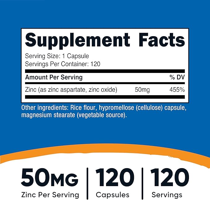 Nutricost Zinc Chelate 50mg - 120 Capsules | نيوتريكوست زنك شيلات 50 ملغ – 120 كبسولة