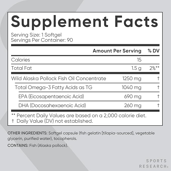 Sports Research Omega-3 Fish Oil 1250mg - 90 Softgel |  سبورت ريسيرش مكمل اوميغا 3 - 90 كبسولة لينة