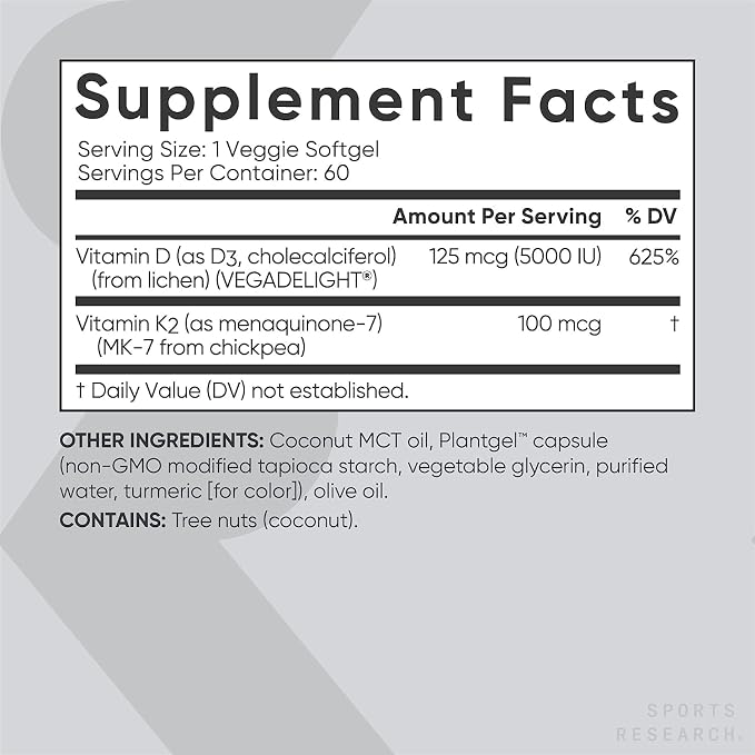 Sports Research Vitamin K2 + D3 60 Veggie Softgels | سبورتس ريسيرش فيتامين K2 + D3 60 كبسولة لينة نباتية