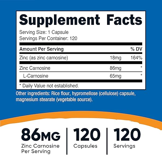 Nutricost Zinc Carnosine 86mg - 120 Capsules | نوتريكوست زنك كارنوسين 86 ملغ - 120 كبسولة