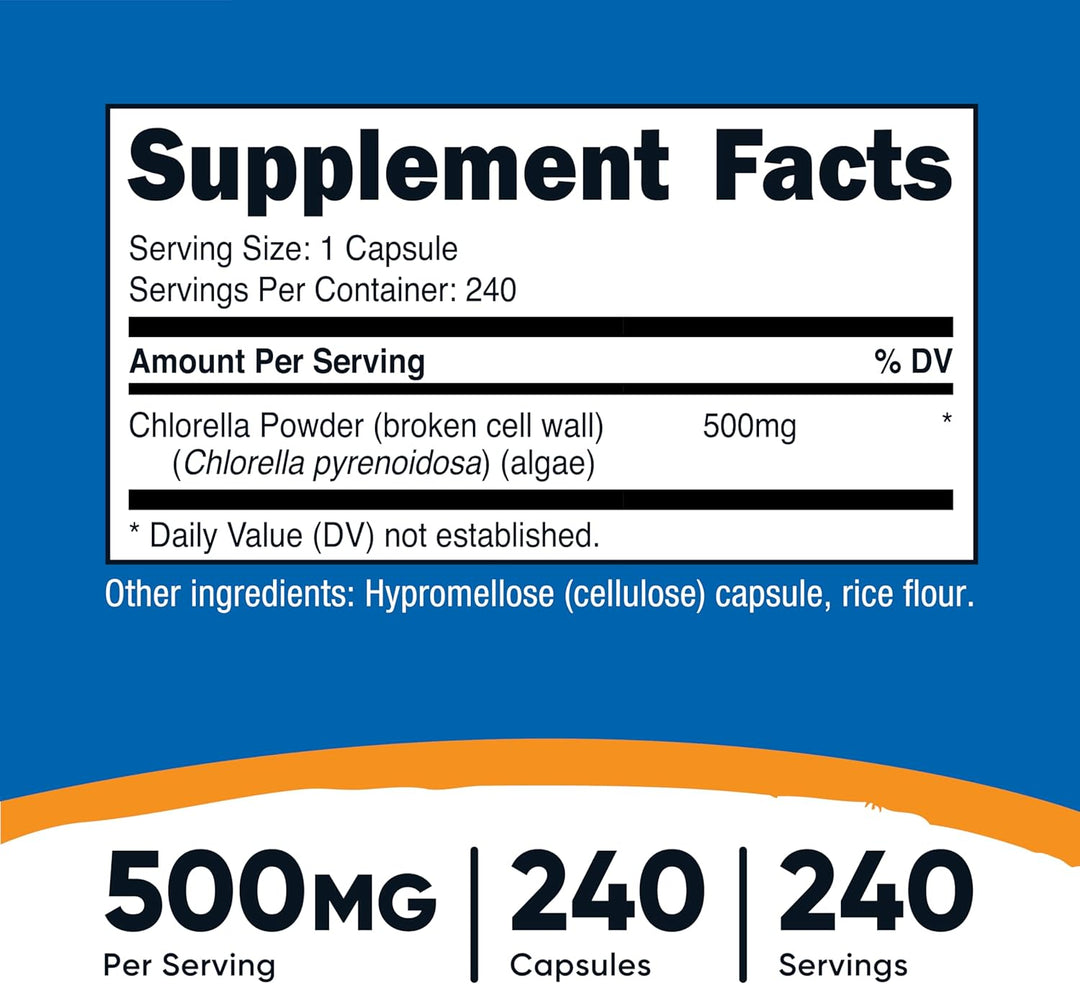 Nutricost Chlorella Capsules - 240 - 500mg | تونريكوست كبسولات طحالب الكلوريلا 500 مغ - 240 كبسولة