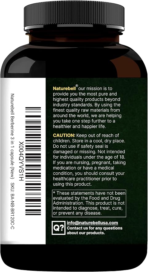 naturebell Berberine 1500mg 3 In 1 Formula Optimized Potency - 240 Veggie Capsule | نيتشر بيل مكمل بربرين 3 في 1 1500 مغ - 240 كبسولة نباتية