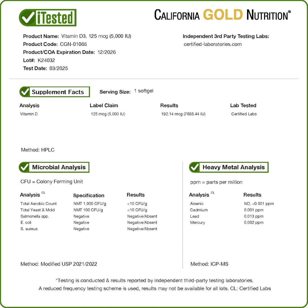 California Gold Nutrition Vitamin D3 125 mcg (5.000 IU) - 90 Fish Gelatin Softgels | كاليفورنيا غولد نيوتريشن فيتامين D3 بتركيز 125 مكغ (5000 وحدة دولية) - 90 كبسولة جيلاتين سمك طرية