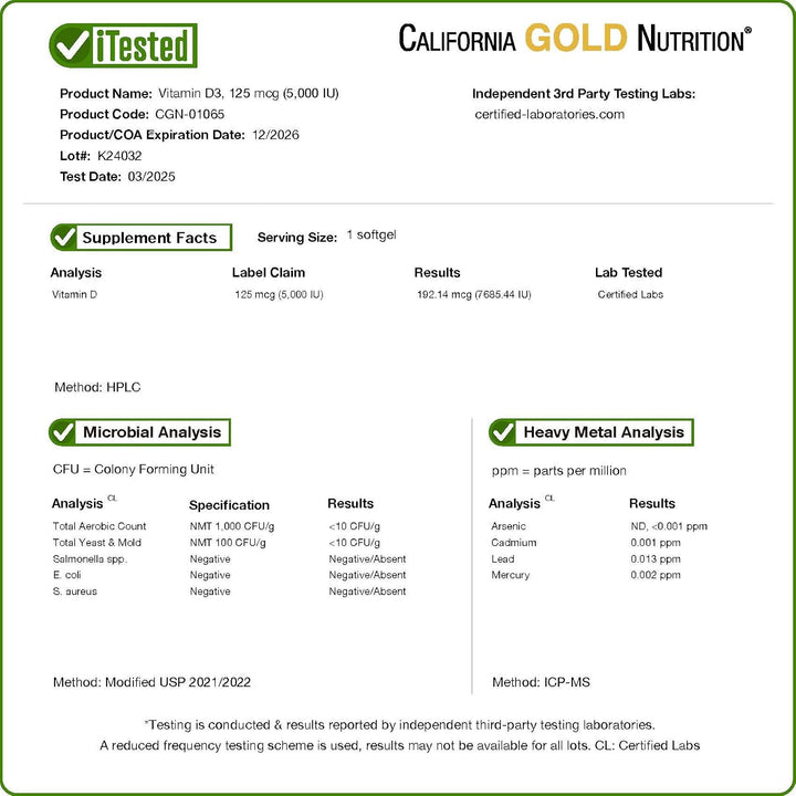 California Gold Nutrition Vitamin D3 125 mcg (5.000 IU) - 90 Fish Gelatin Softgels | كاليفورنيا غولد نيوتريشن فيتامين D3 بتركيز 125 مكغ (5000 وحدة دولية) - 90 كبسولة جيلاتين سمك طرية