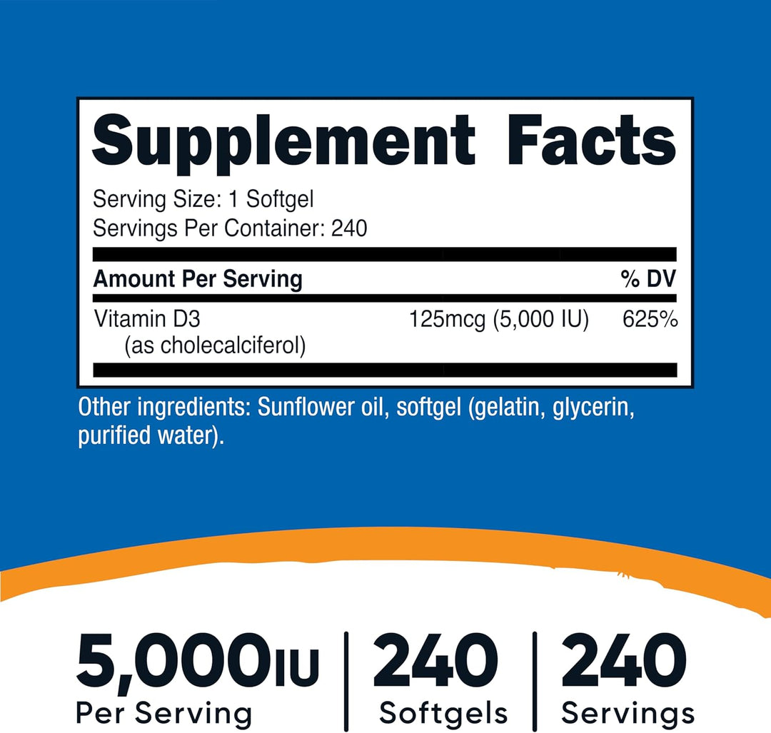 Nutricost Vitamin D3 5000 IU - 240 Softgels | نيوتريكوست فيتامين د3 5000 وحدة - 240 سوفت جل