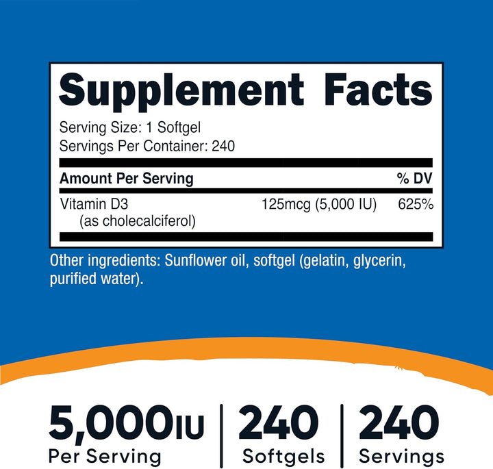Nutricost Vitamin D3 5000 IU - 240 Softgels | نيوتريكوست فيتامين د3 5000 وحدة - 240 سوفت جل