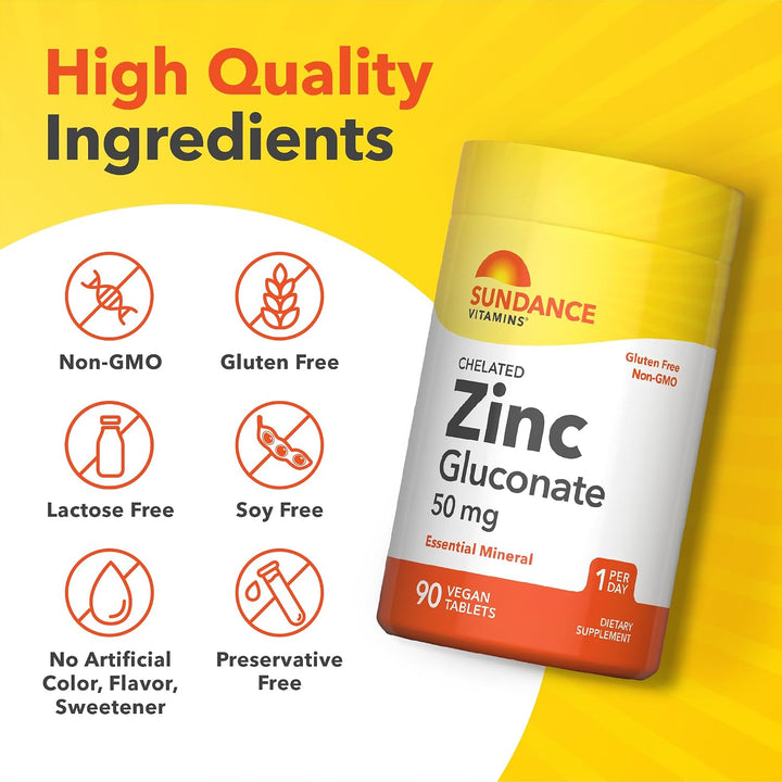 Sundance Zinc Gluconate 50 Mg - 90 Vegan Tablets | ساندانس زنك غلوكونات 50 ملغ - 90 قرص نباتي