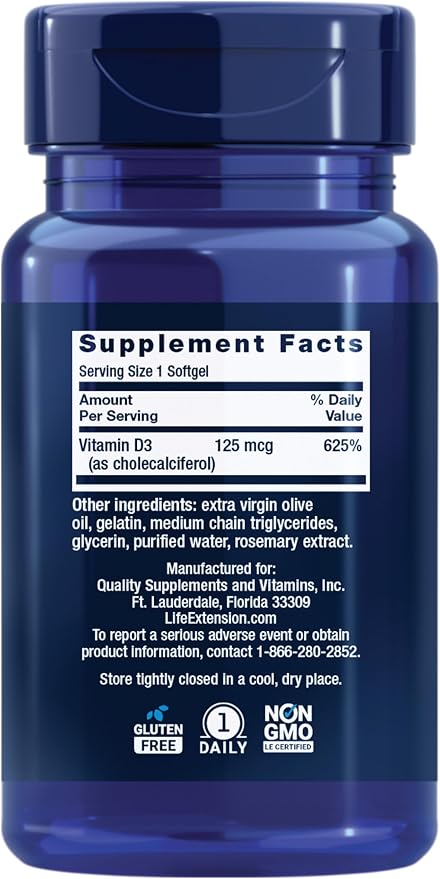 Life Extension Vitamin D3 125 mcg 5000 IU - 60 Softgels | لايف اكستينشن فيتامين د3 125 ميكروغرام - 60 سوفت جل