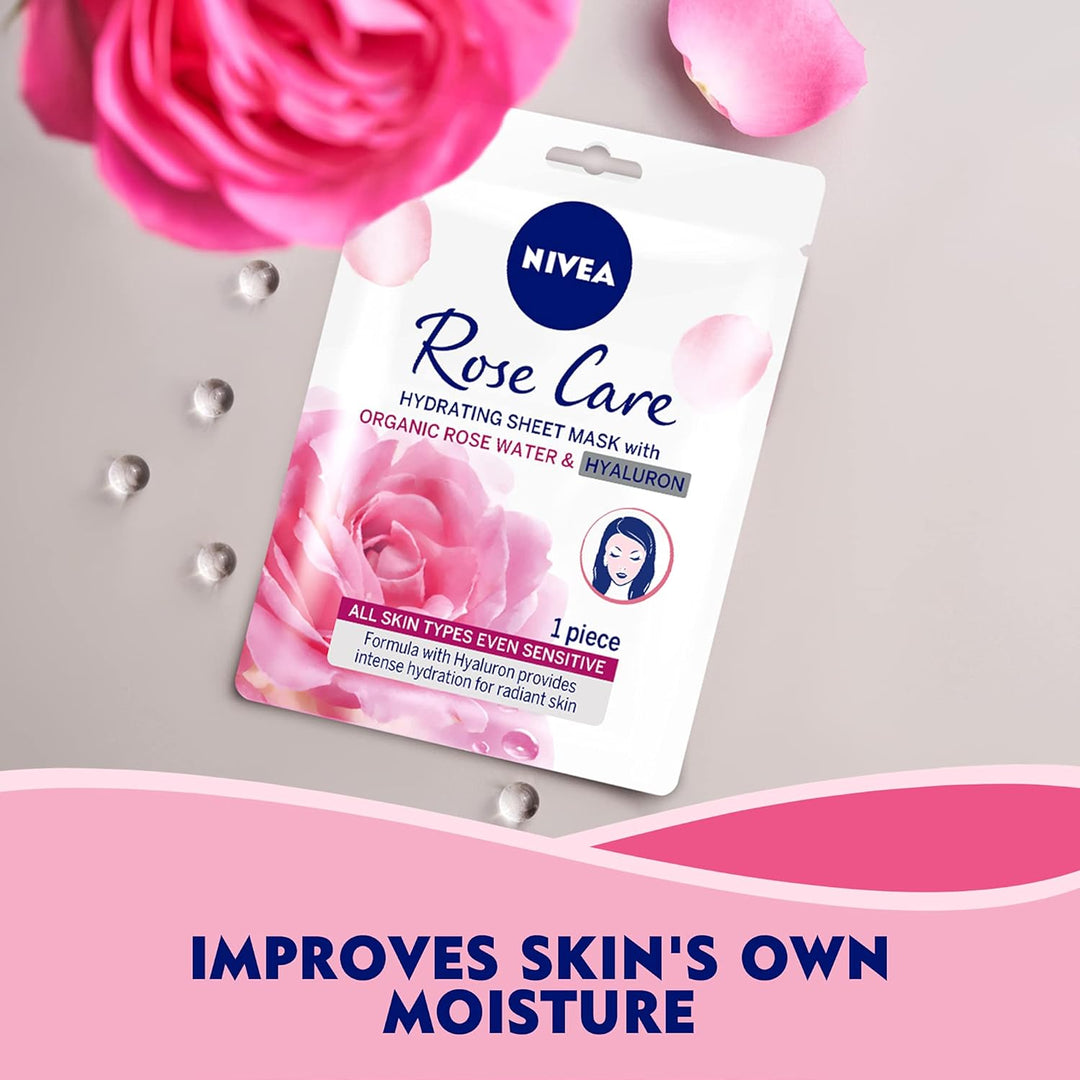 NIVEA Face Sheet Mask Hydrating, Rose Care with Organic Rose Water All Skin Types 1 Piece | ماسك ورقي للوجه من نيفيا بالترطيب، عناية الورد بماء الورد العضوي لجميع أنواع البشرة – قطعة واحدة
