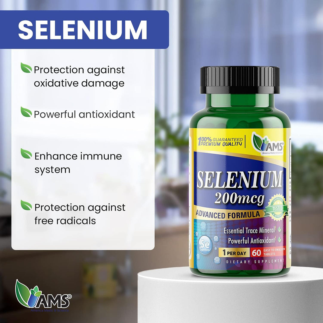 AMS Selenium 200 mcg 60 Easy to Swallow Tablets | إيه إم إس مكمل السيلينيوم 60 مضغوطة عيار 200 مكغ