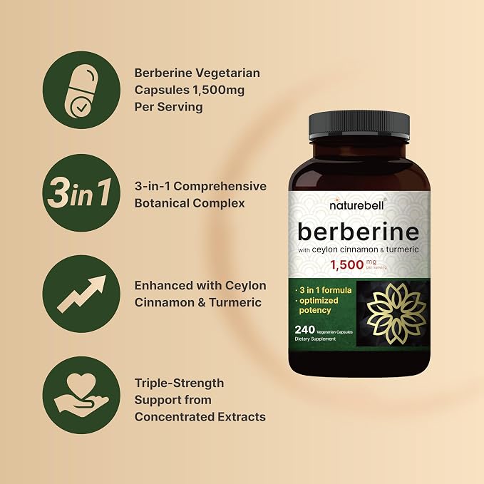 naturebell Berberine 1500mg 3 In 1 Formula Optimized Potency - 240 Veggie Capsule | نيتشر بيل مكمل بربرين 3 في 1 1500 مغ - 240 كبسولة نباتية