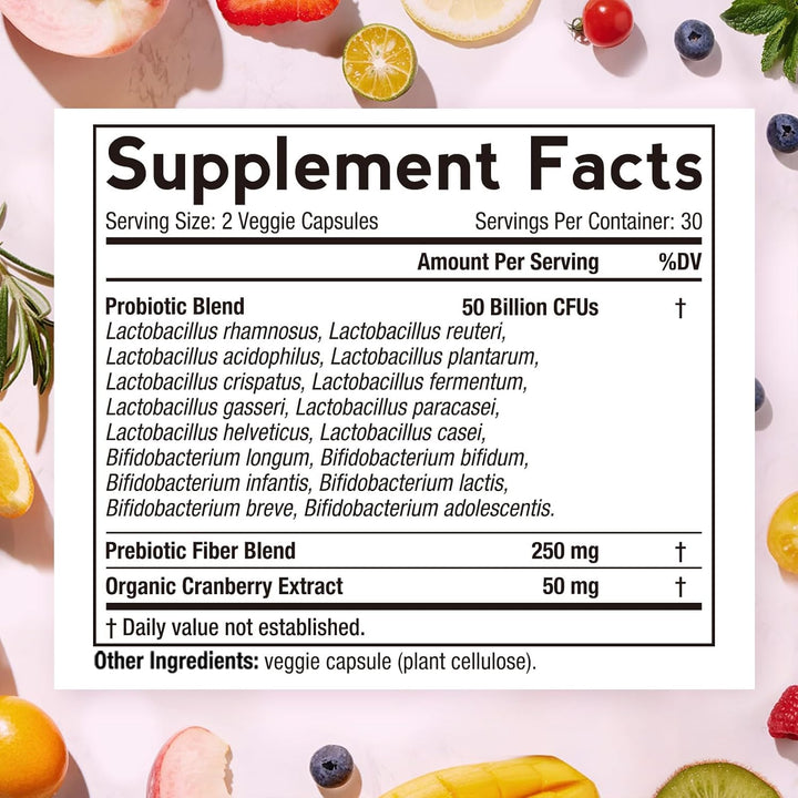 Doctors Recipes Womens Probiotics 50 Billion CFU 16 Strains - 60 Veggie Capsules| دكتورز ريسيبس بروبيوتيك للنساء 50 مليار وحدة مع البريبايوتيك والتوت البري – 60 كبسولة نباتية