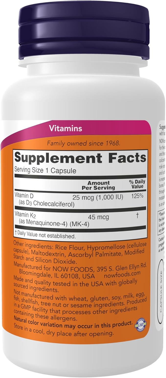 now Vitamin D3 & K2 1000IU / 45mcg - 120 capsules | ناو كبسولات فيتامين دال k2 - 120 كبسولة