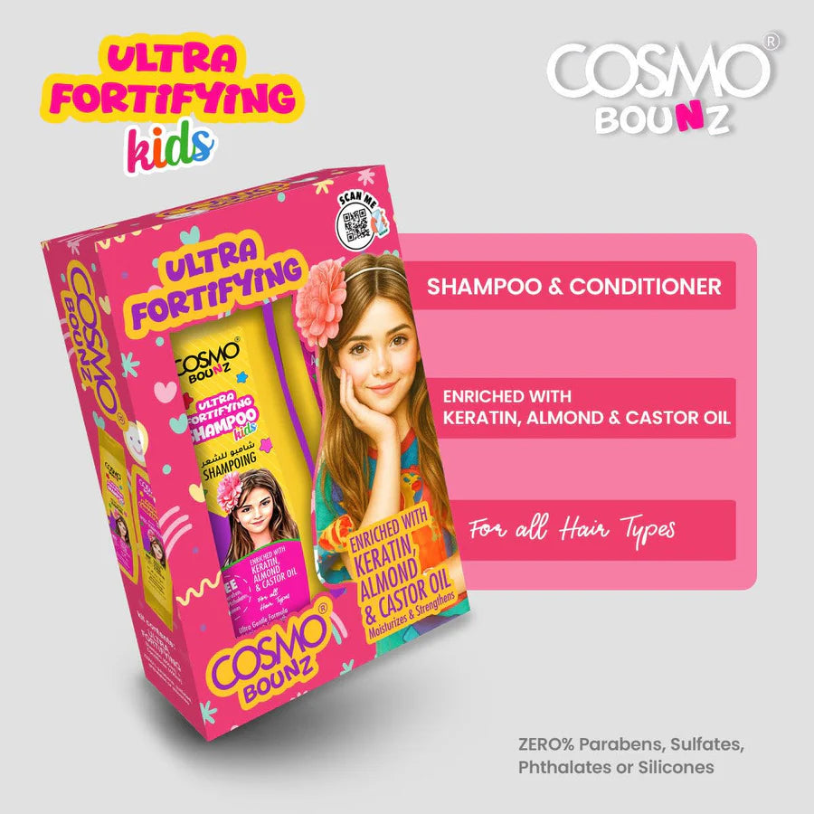 COSMO COSMETICS 2PC SHAMP & COND FORTIFYING KIDS - 400ml | كوزمو كوزمتكس مجموعة شامبو وبلسم للأطفال – قطعتان × 400 مل
