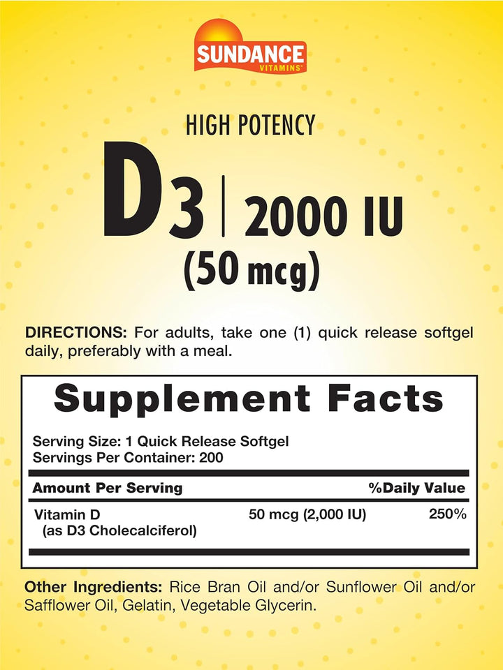 Sundance High Potency D3 2000 IU - 200 Quick Release Softgels | ساندانس فيتامين دي 3 بتركيز 2000 وحدة دولية – 200 كبسولة هلامية سريعة الذوبان