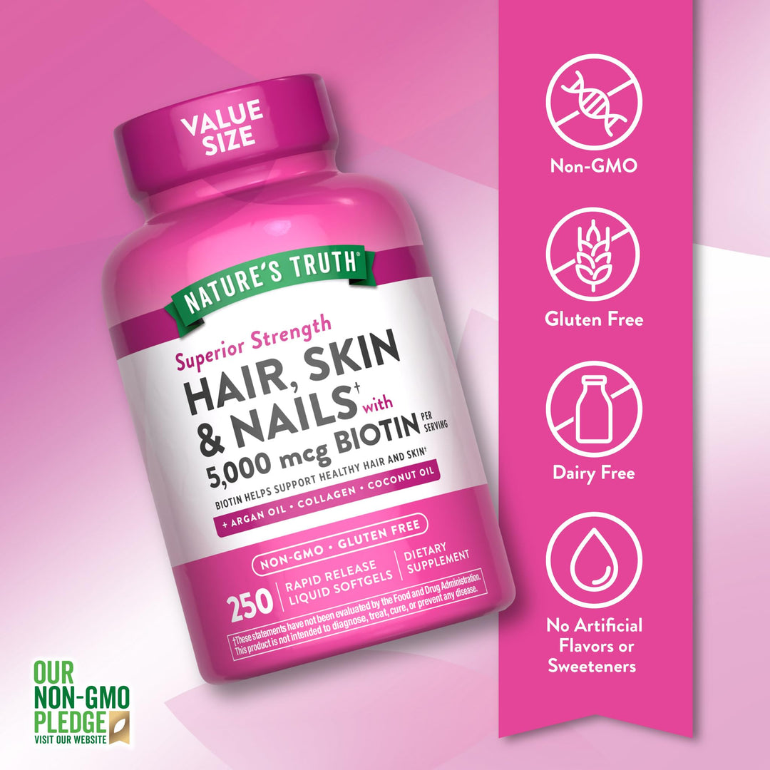 Nature's Truth Hair, Skin & Nails Vitamins 5000mcg Biotin - 250 Liquid Softgels - 250 كبسولة | نيتشرز تروث مكمل للشعر والبشرة والأظافر قوت 5000 ميكروغرام - 250 كبسولة #4