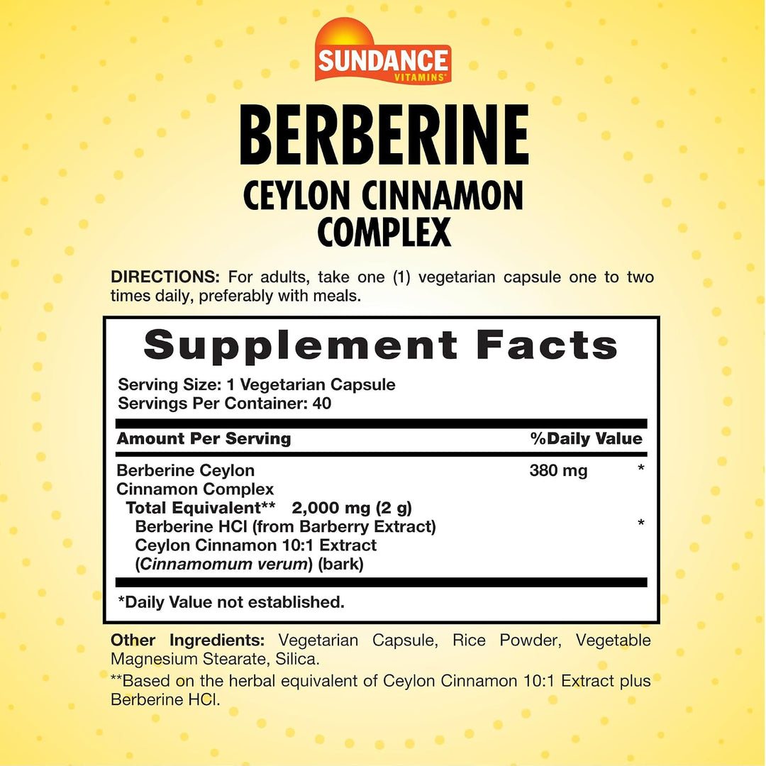 Sundance Berberine Ceylon Cinnamon Complex 2000mg - 40 Vegetarian Capsules |ساندانس مركب البربرين مع القرفة السيلانية 2000 ملغ - 40 كبسولة نباتية