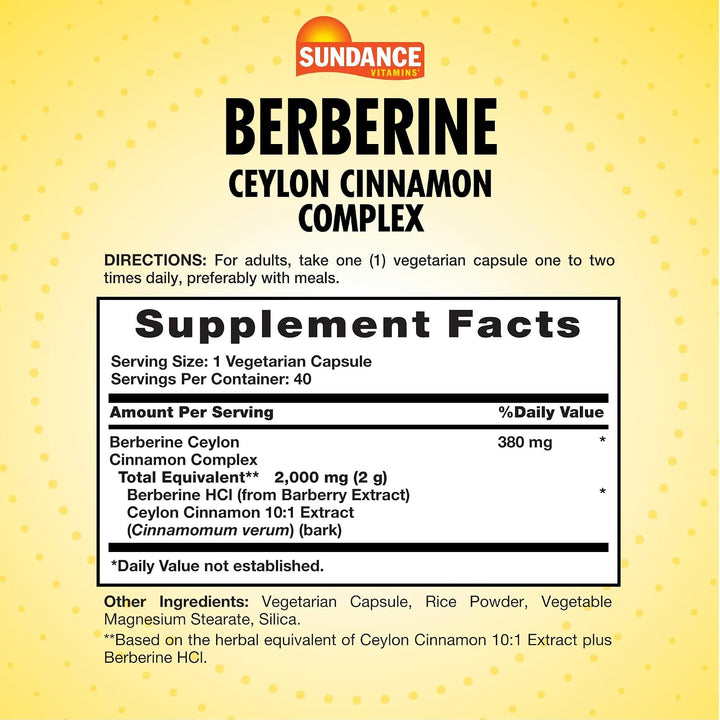 Sundance Berberine Ceylon Cinnamon Complex 2000mg - 40 Vegetarian Capsules |ساندانس مركب البربرين مع القرفة السيلانية 2000 ملغ - 40 كبسولة نباتية