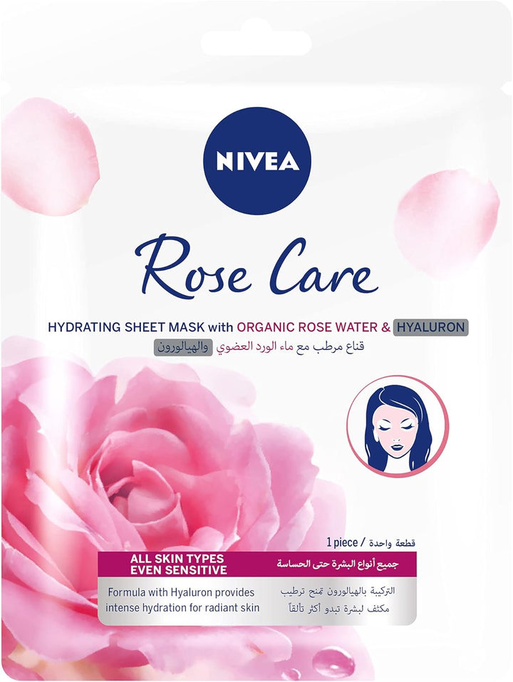 NIVEA Face Sheet Mask Hydrating, Rose Care with Organic Rose Water All Skin Types 1 Piece | ماسك ورقي للوجه من نيفيا بالترطيب، عناية الورد بماء الورد العضوي لجميع أنواع البشرة – قطعة واحدة