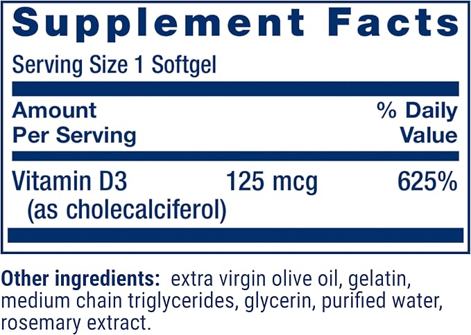Life Extension Vitamin D3 125 mcg 5000 IU - 60 Softgels | لايف اكستينشن فيتامين د3 125 ميكروغرام - 60 سوفت جل