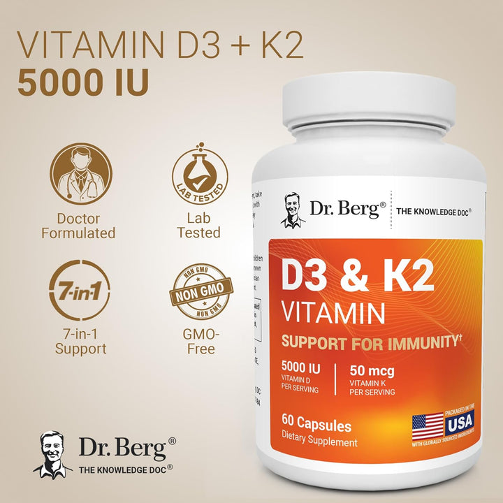 Dr Berg D3 & K2 Vitamin 5000 iu - 60 Capsules | د. بيرغ فيتامين D3 و K2 بتركيز 5000 وحدة دولية - 60 كبسولة