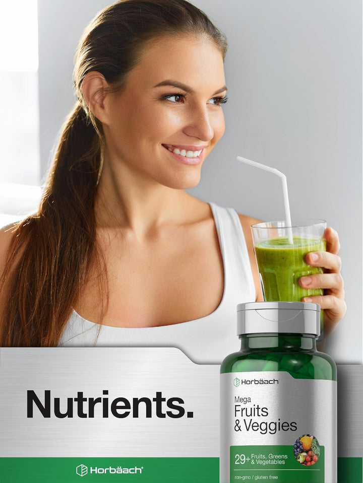 Horbäach Mega Fruits & Veggies - 100 Vegetarian Capsules | هورباخ مكمل فواكه وخضروات ميغا -  100 كبسولة