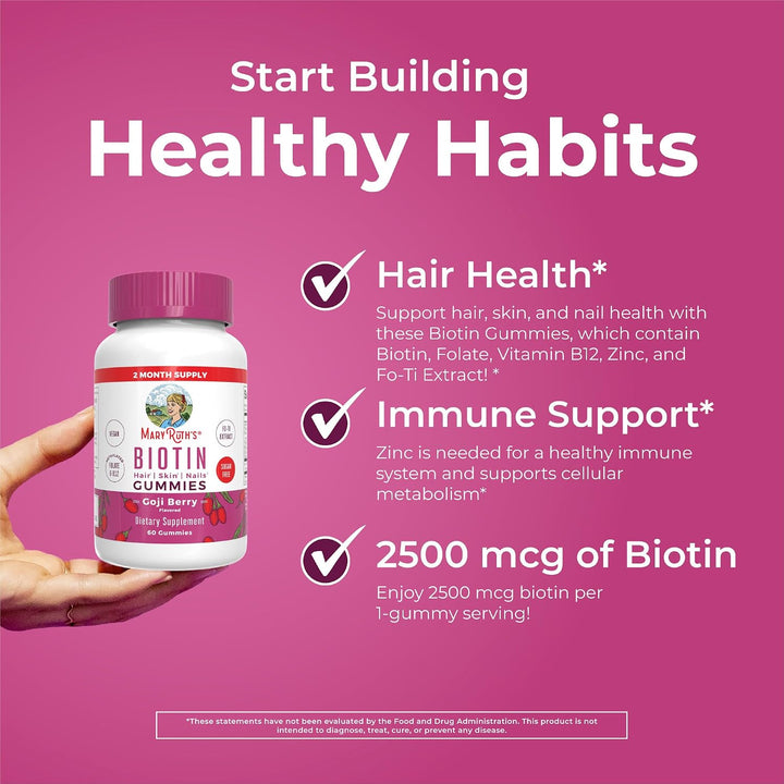 Mary Ruths Biotin Skin Nail Hair Health Gummies - 60 Gummies | ماري روث غاميز بيوتين للبالغين للعناية بصحة الشعر والاظافر - 60 غاميز