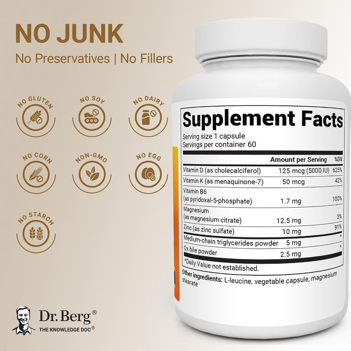 Dr Berg D3 & K2 Vitamin 5000 iu - 60 Capsules | د. بيرغ فيتامين D3 و K2 بتركيز 5000 وحدة دولية - 60 كبسولة