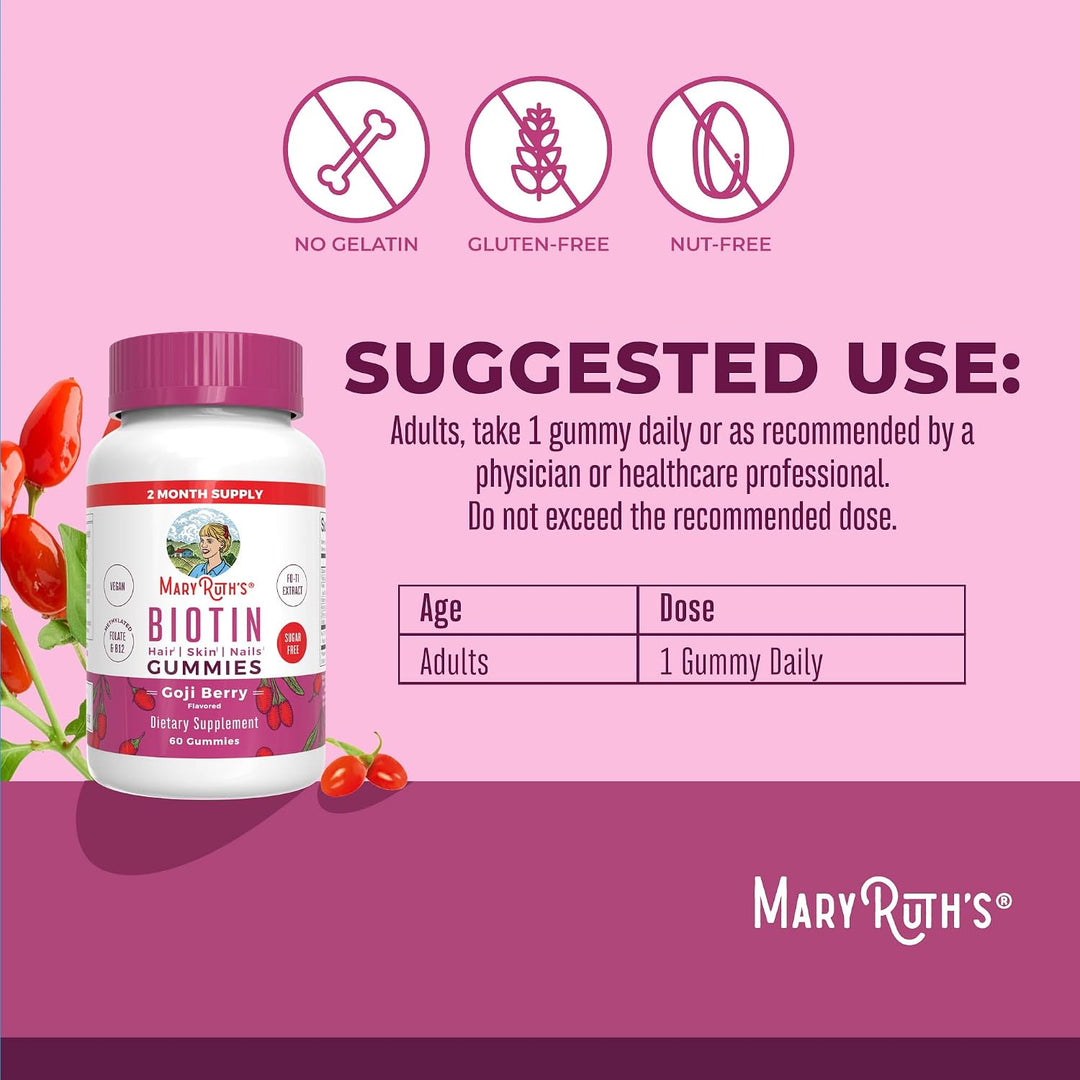 Mary Ruths Biotin Skin Nail Hair Health Gummies - 60 Gummies | ماري روث غاميز بيوتين للبالغين للعناية بصحة الشعر والاظافر - 60 غاميز