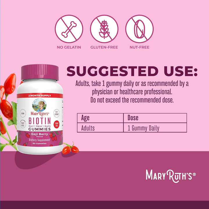 Mary Ruths Biotin Skin Nail Hair Health Gummies - 60 Gummies | ماري روث غاميز بيوتين للبالغين للعناية بصحة الشعر والاظافر - 60 غاميز