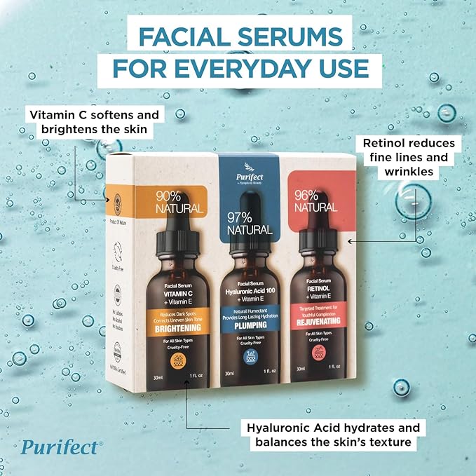 Purifect Trio Facial Serums Set Vitamin C Softens and Brightens Hyaluronic Acid Hydrates and Balances Retinol Helps Reduce Fine Lines and Wrinkles -3 x - 30ml | بيورفيكت مجموعة سيرومات للوجه - 30مل