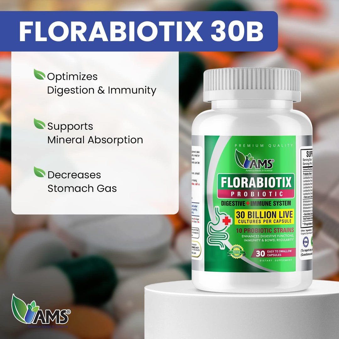 AMS  Florabiotix Probiotic 30 Billion Live Cultures 30 Capsules | إيه إم إس كبسولات بروبيوتيك لدعم الجهاز الهضمي - 30 كبسولة