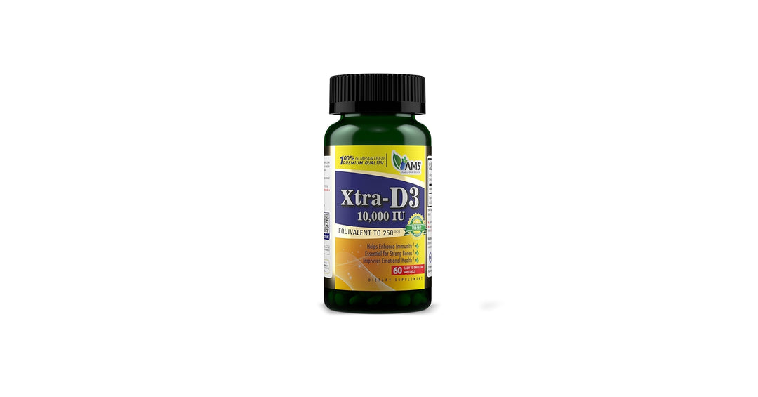 AMS Xtra D3 Vitamin D 10,000 250 mcg 60 Easy to Swallow Softgels |ايه ام اس إكسترا دي 3 فيتامين د 10,000 وحدة دولية (250 ميكروغرام) – 60 كبسولة جيلاتينية سهلة البلع