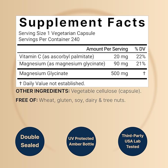 naturebell Pure Magnesium Glycinate 500mg - 240 Vegetarian Capsules | نيتشر بيل مكمل غذائي يحتوي على المغنيسيوم غليسينات 500 مغ - 240 كبسولة