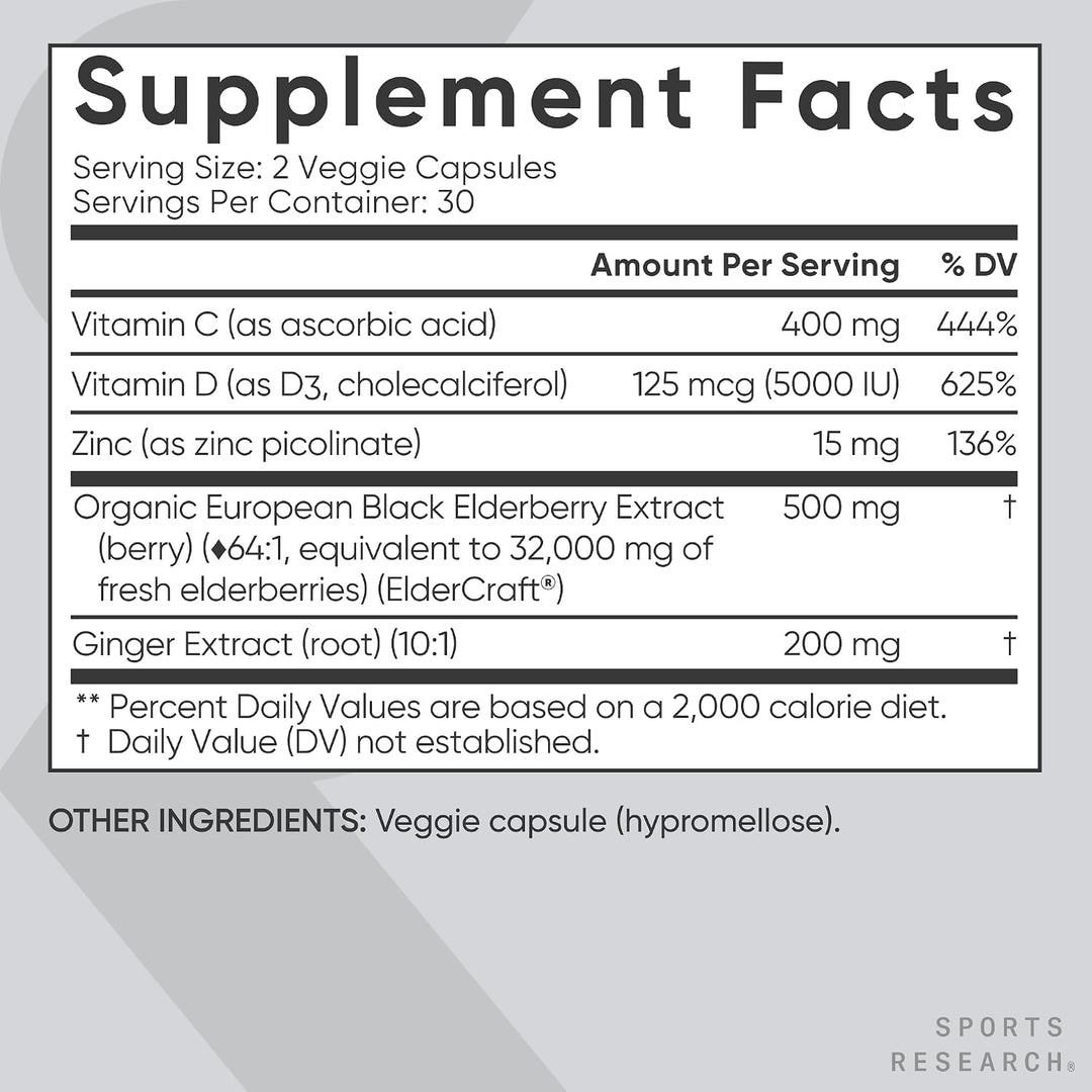 Sports Research Elderberry Immunity Formula - 60 Veggie Capsules |  سبورت ريسيرش مكمل غذائي للبالغين لدعم المناعة - 60 كبسولة