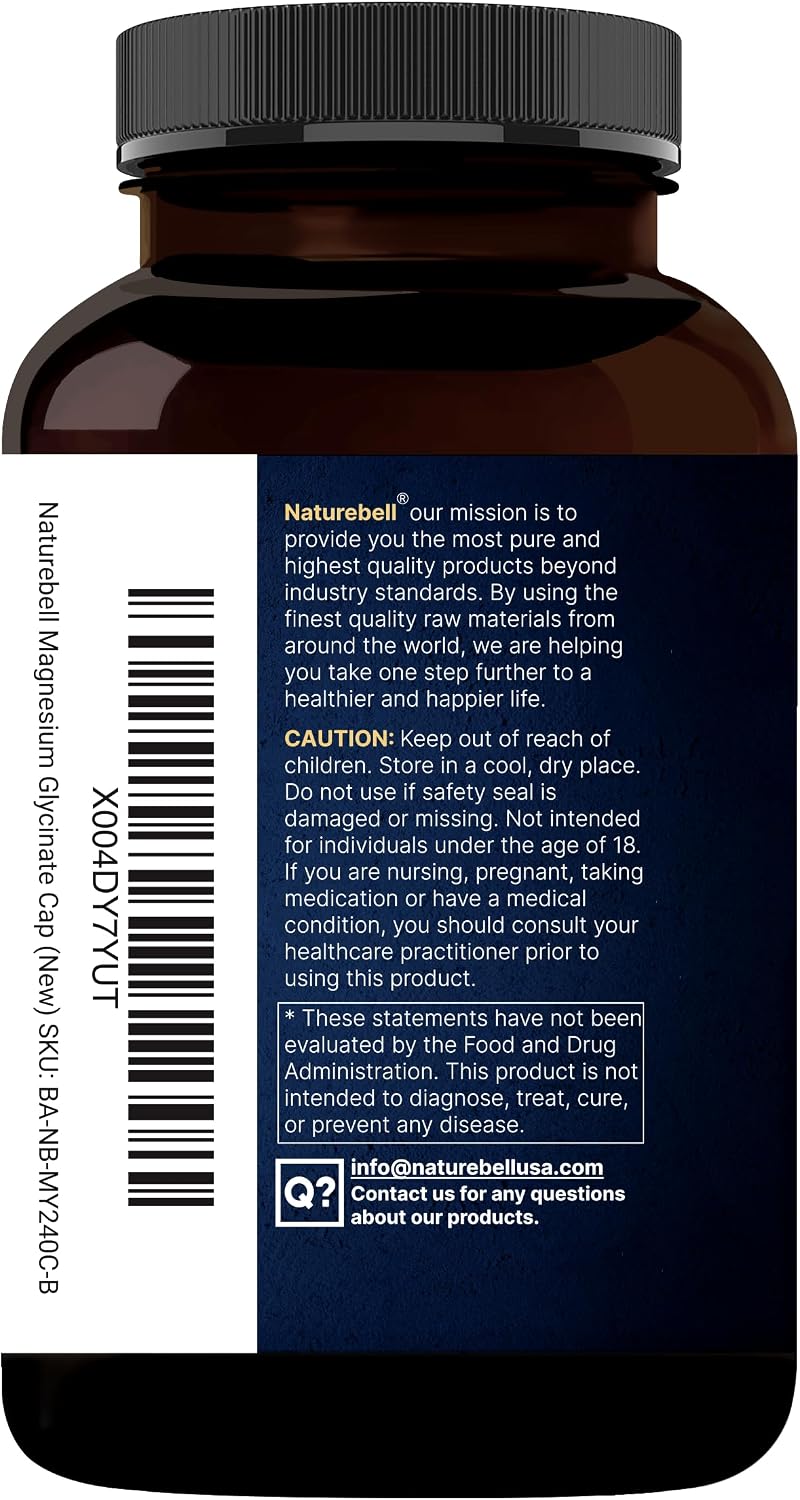 naturebell Pure Magnesium Glycinate 500mg - 240 Vegetarian Capsules | نيتشر بيل مكمل غذائي يحتوي على المغنيسيوم غليسينات 500 مغ - 240 كبسولة