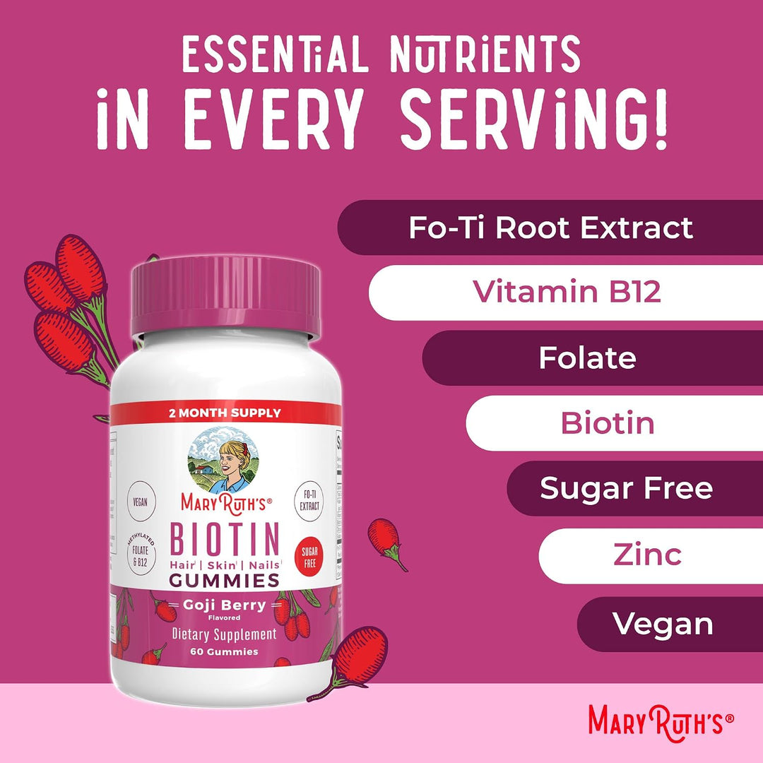 Mary Ruths Biotin Skin Nail Hair Health Gummies - 60 Gummies | ماري روث غاميز بيوتين للبالغين للعناية بصحة الشعر والاظافر - 60 غاميز