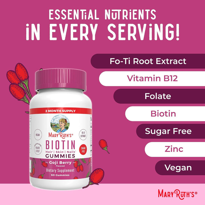 Mary Ruths Biotin Skin Nail Hair Health Gummies - 60 Gummies | ماري روث غاميز بيوتين للبالغين للعناية بصحة الشعر والاظافر - 60 غاميز