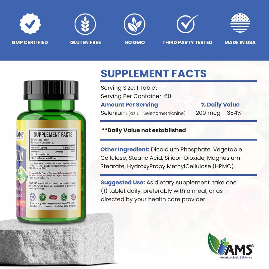 AMS Selenium 200 mcg 60 Easy to Swallow Tablets | إيه إم إس مكمل السيلينيوم 60 مضغوطة عيار 200 مكغ