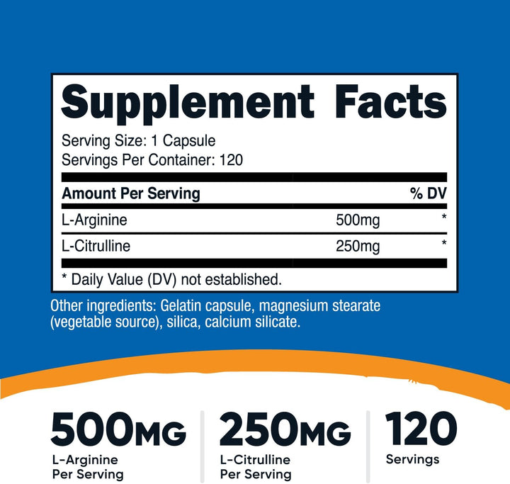 Nutricost L-Arginine & L-Citrulline - 120Capsule | نوتريكوست كبسولات إل-أرجينين وإل-سيترولين - 120 كبسولة