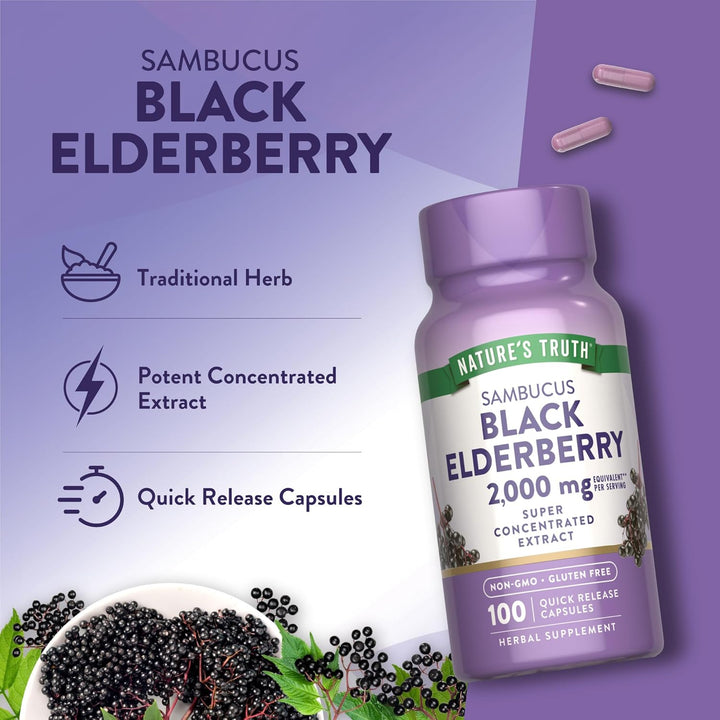 Nature's Truth Black Elderberry 2000 mg - 100 Capsules | نيتشرس تروث بلاك إلدر بيري 2000 ملغ – 100 كبسولة