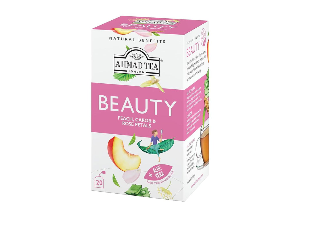 AHMAD TEA BEAUTY PEACH CAROB & ROSE PETALS +Aloe Vera 20 Pcs - 30g - 30g | شاي احمد شاي الجمال خوخ، خرنوب وبتلات الورد 20 ظرف - 30غ