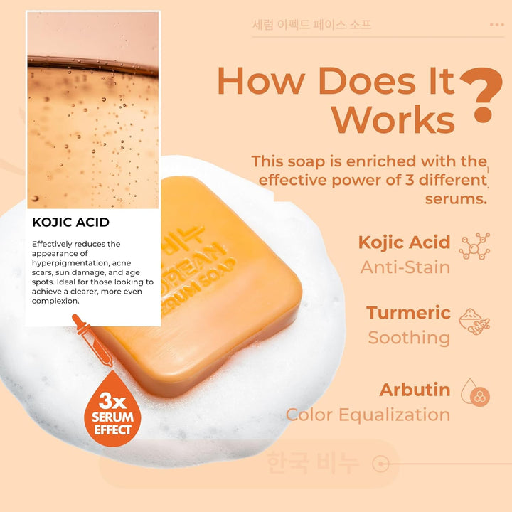 GREEN LABEL Korean Serum Soap Kojic Acid Face Bar - 3x60 gr - 60gr |جرين ليبل  صابونة سيروم كوجيك أسيد كورية للوجه – 3×60 غ (60 غ)