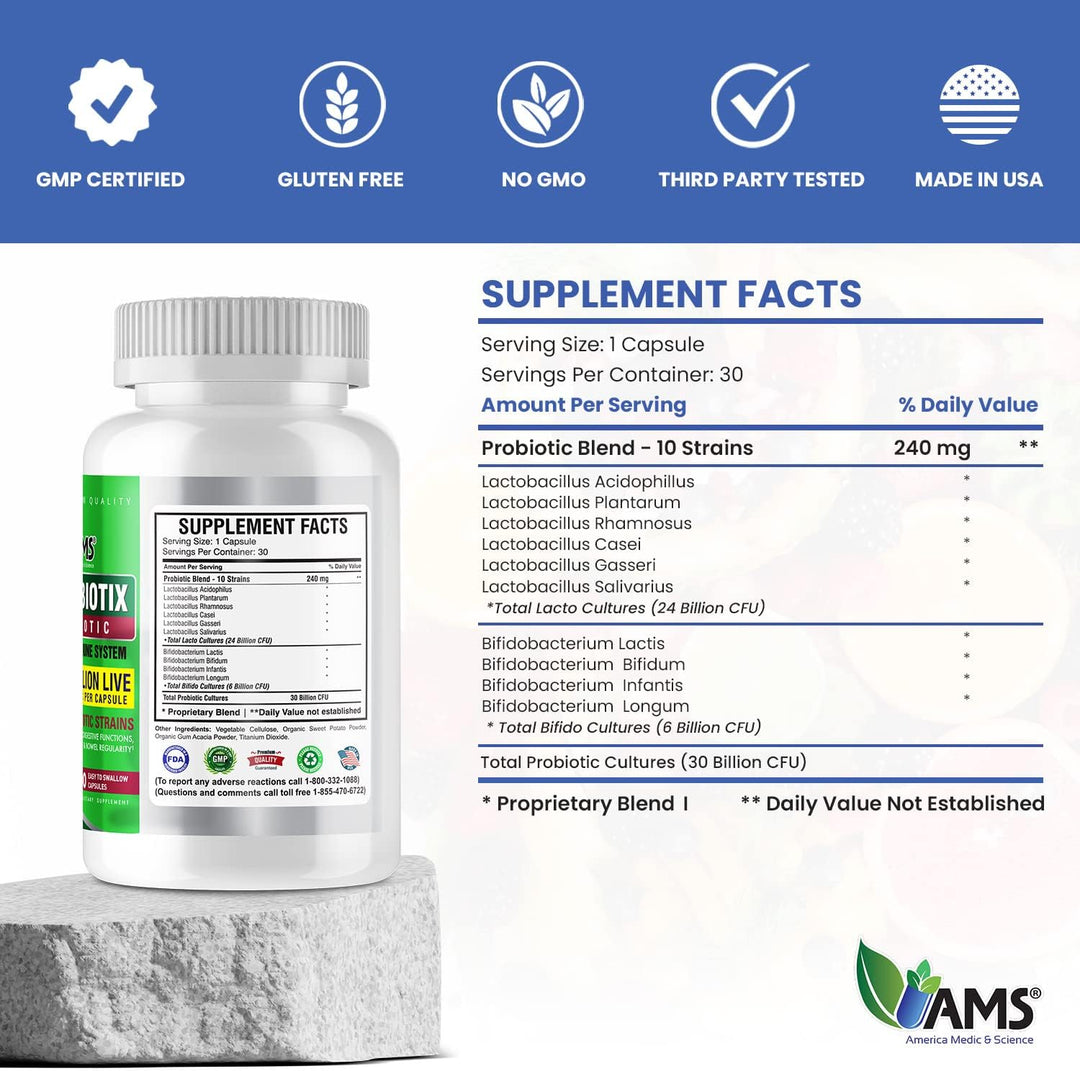 AMS  Florabiotix Probiotic 30 Billion Live Cultures 30 Capsules | إيه إم إس كبسولات بروبيوتيك لدعم الجهاز الهضمي - 30 كبسولة
