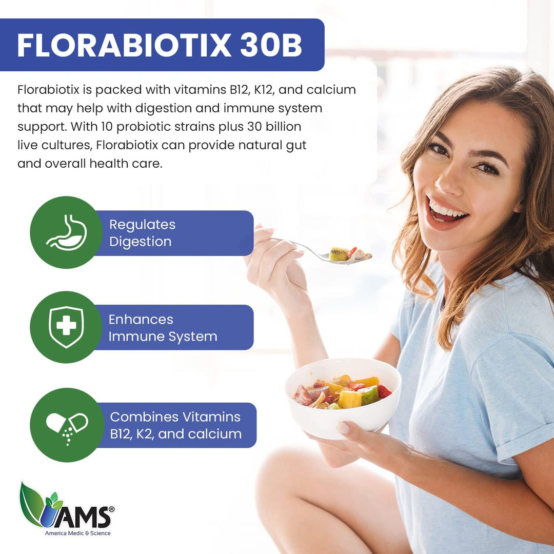 AMS  Florabiotix Probiotic 30 Billion Live Cultures 30 Capsules | إيه إم إس كبسولات بروبيوتيك لدعم الجهاز الهضمي - 30 كبسولة